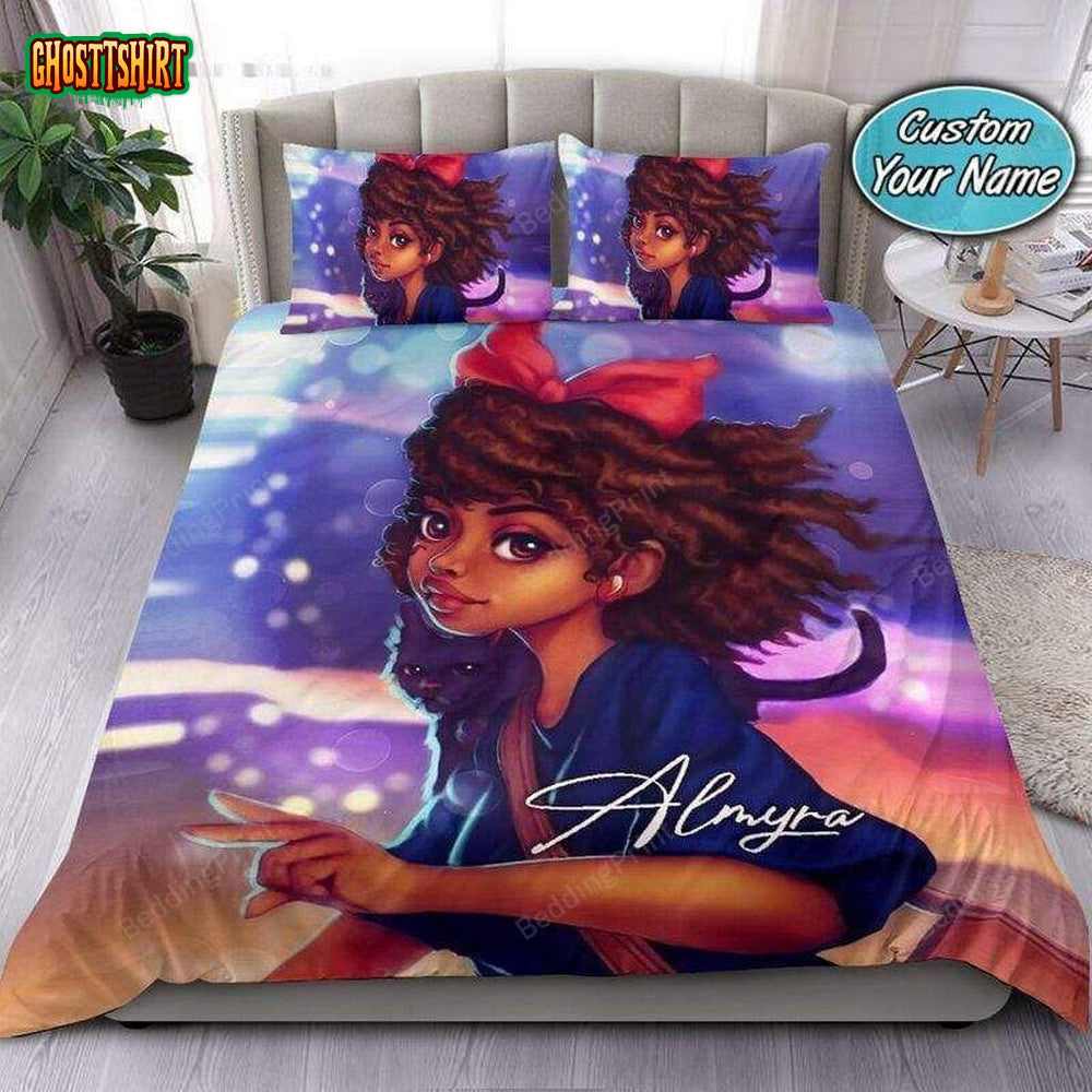 Black Girl Black Cat Custom Name Duvet Cover Bedding Set