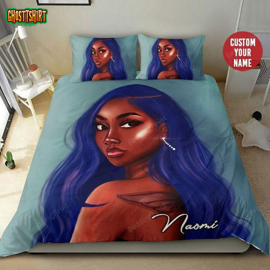 Black Girl Blue Hair Custom Name Duvet Cover Bedding Set
