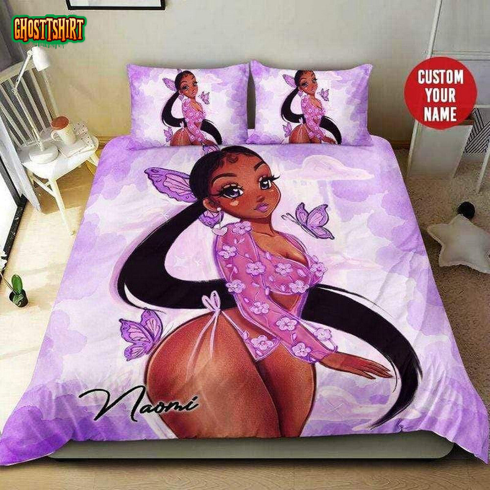 Black Girl Butterfly Purple Custom Name Duvet Cover Bedding Set