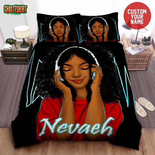 Black Girl Listen To Music African Custom Name Duvet Cover Bedding Set