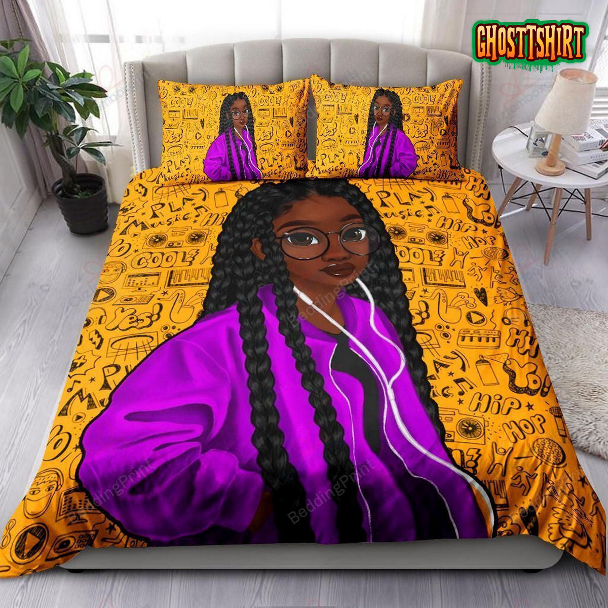 Black Girl Listening To Music Bed Sheets Duvet Cover Bedding Set