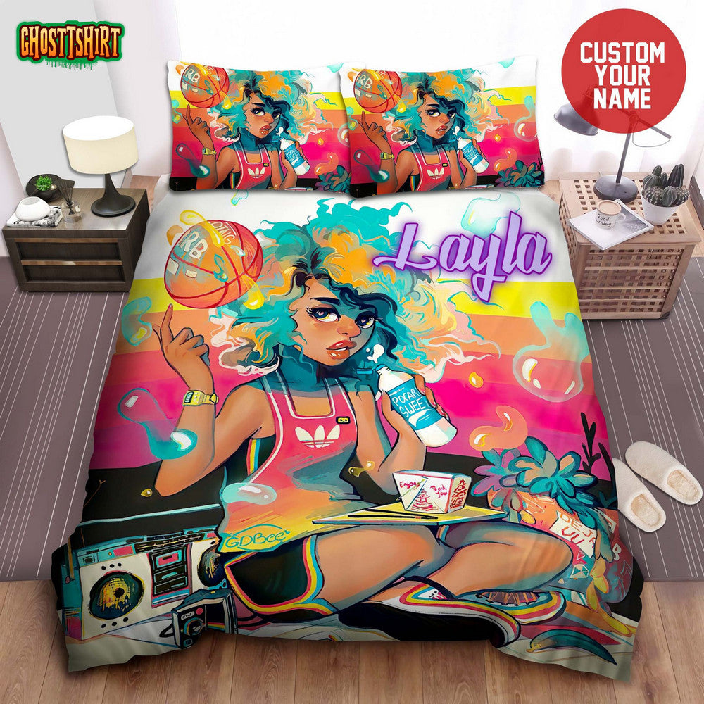Black Girl Music And Basketball Afircan American Woman Custom Name Duvet Cover Bedding Set