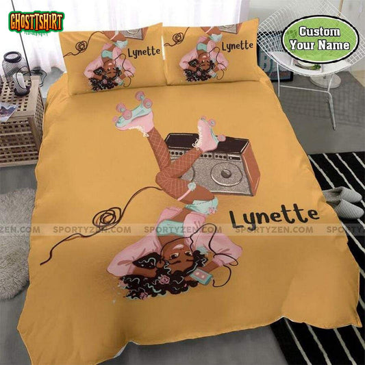 Black Girl Music Skating Custom Name Duvet Cover Bedding Set