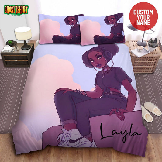 Black Girl Music Sky Afircan American Woman Custom Name Duvet Cover Bedding Set