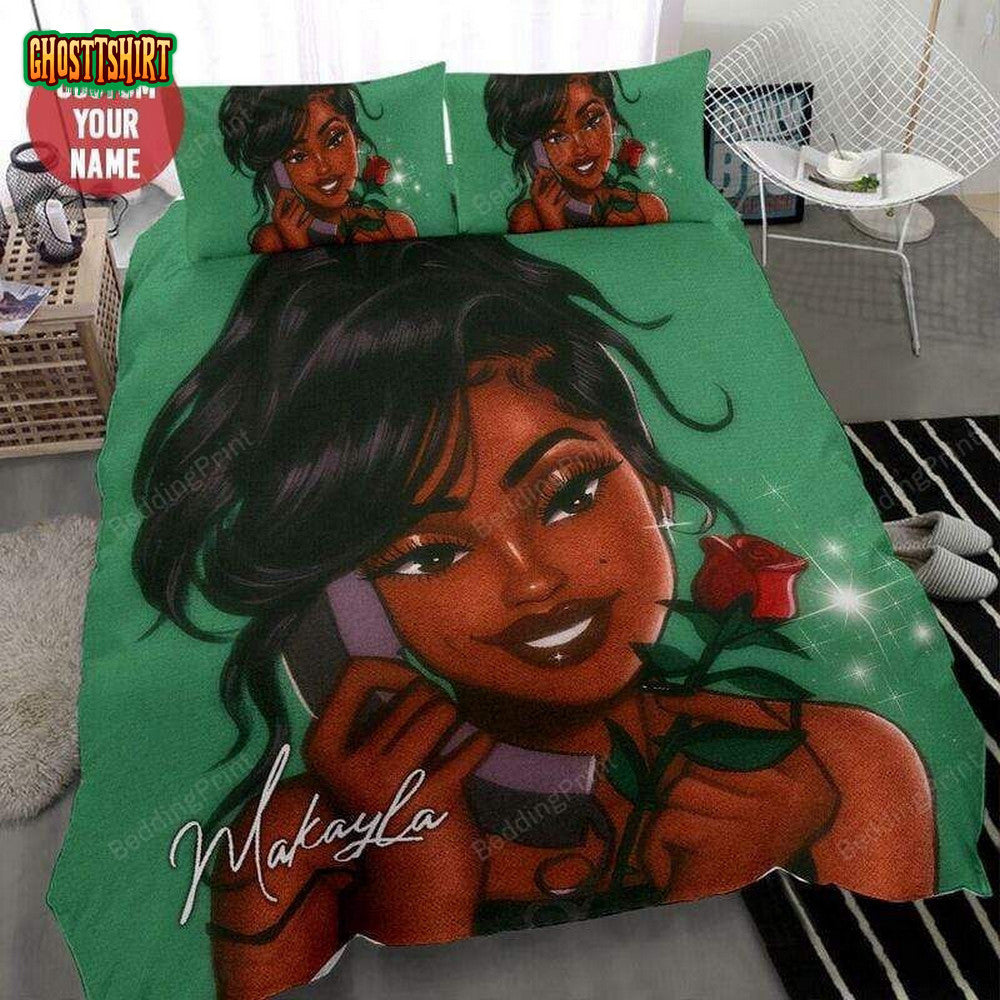 Black Girl Phone Rose Custom Name Duvet Cover Bedding Set