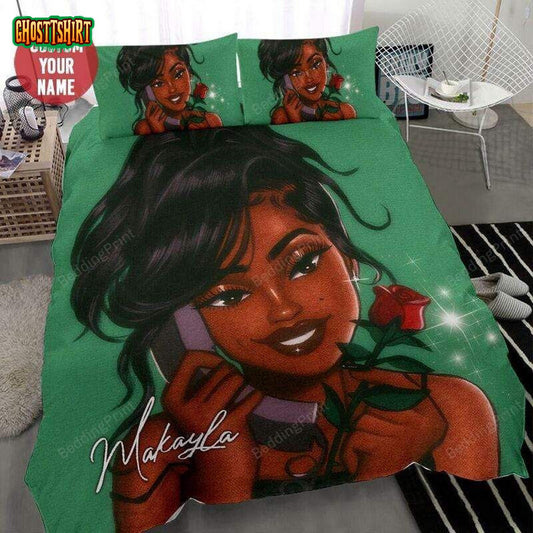 Black Girl Phone Rose Custom Name Duvet Cover Bedding Set