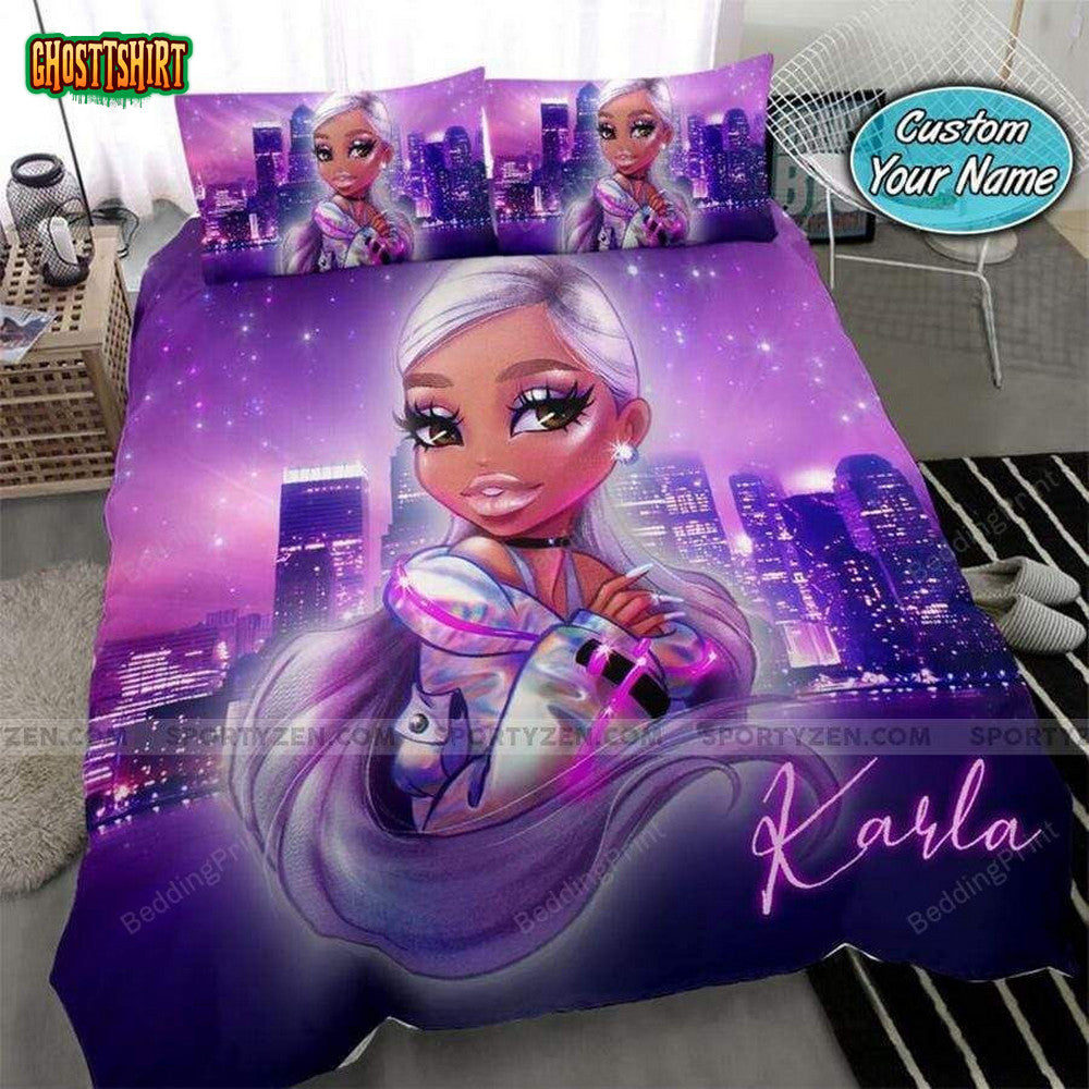 Black Girl Purple White Hair Custom Name Duvet Cover Bedding Set