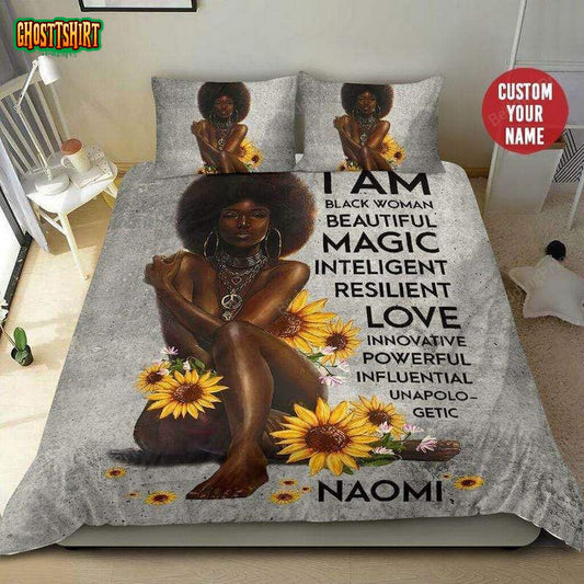 Black Girl Sunflower Beautiful Magic Personalized Custom Name Duvet Cover Bedding Set
