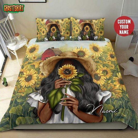 Black Girl Sunflower Beautiful Personalized Custom Name Duvet Cover Bedding Set