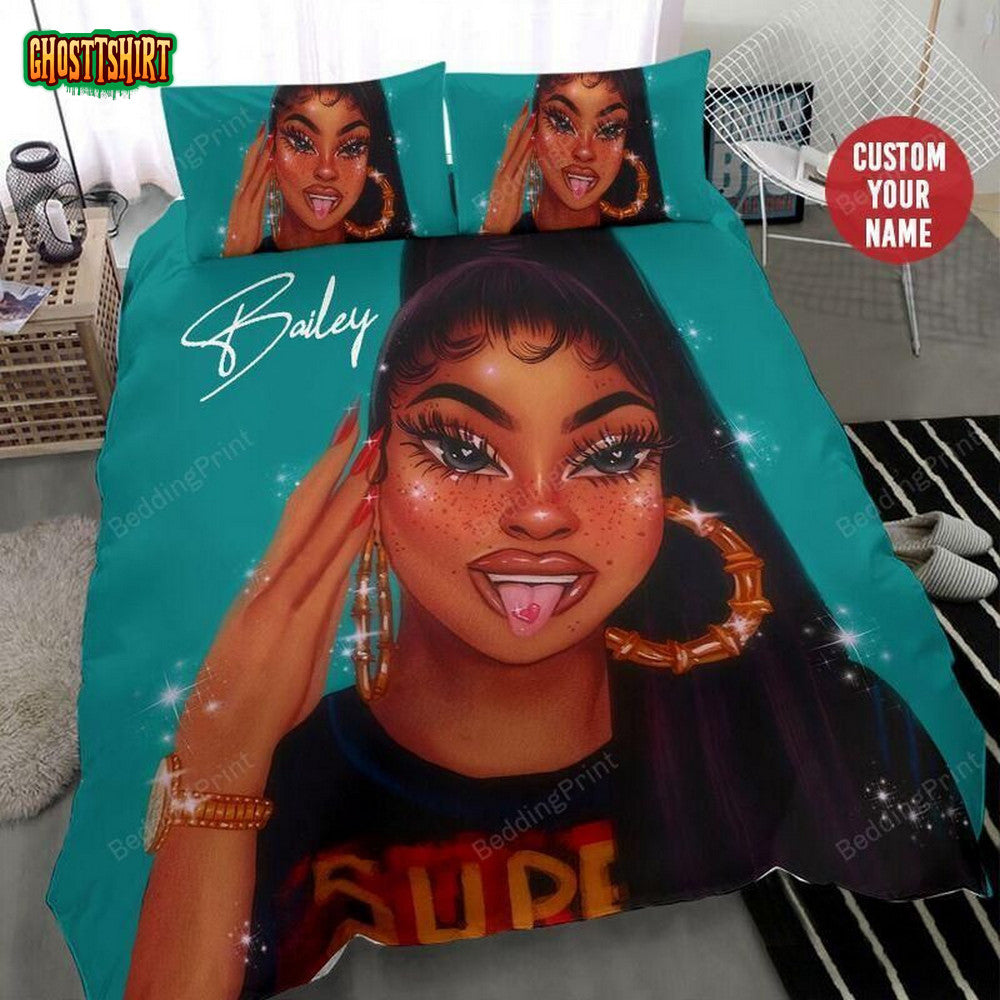 Black Girl Tongue Out Custom Name Duvet Cover Bedding Set