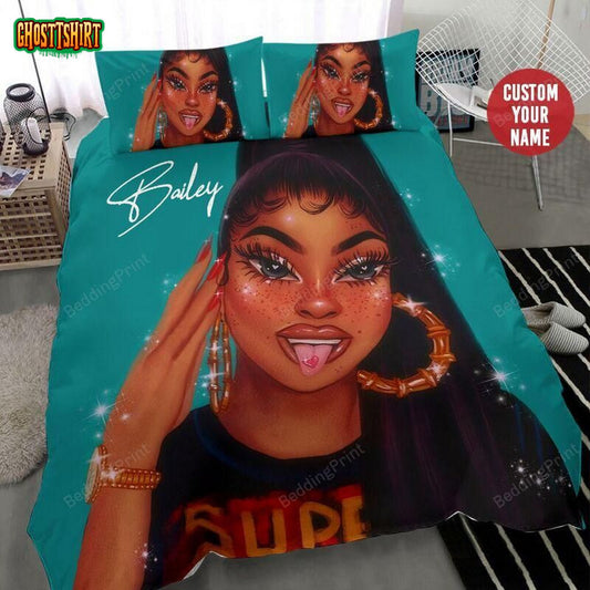Black Girl Tongue Out Custom Name Duvet Cover Bedding Set