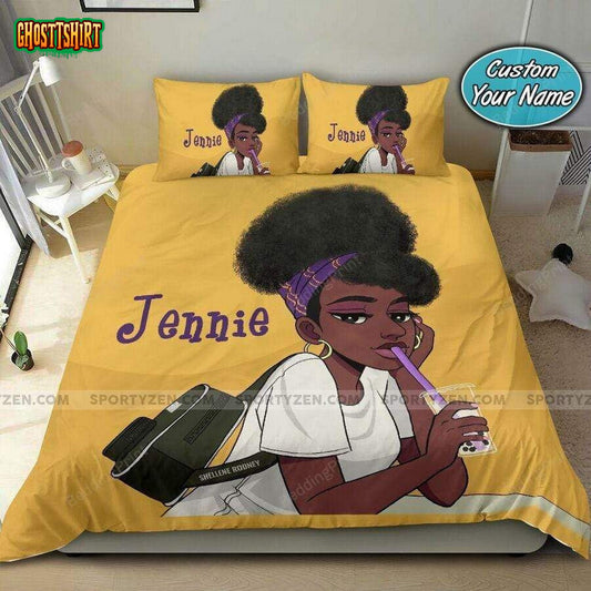 Black Girl Wear Backpack Custom Name Duvet Cover Bedding Set