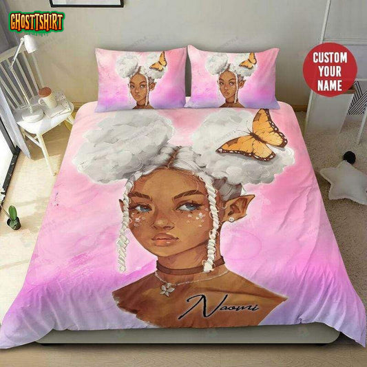 Black Girl White Hair Butterfly Custom Name Duvet Cover Bedding Set