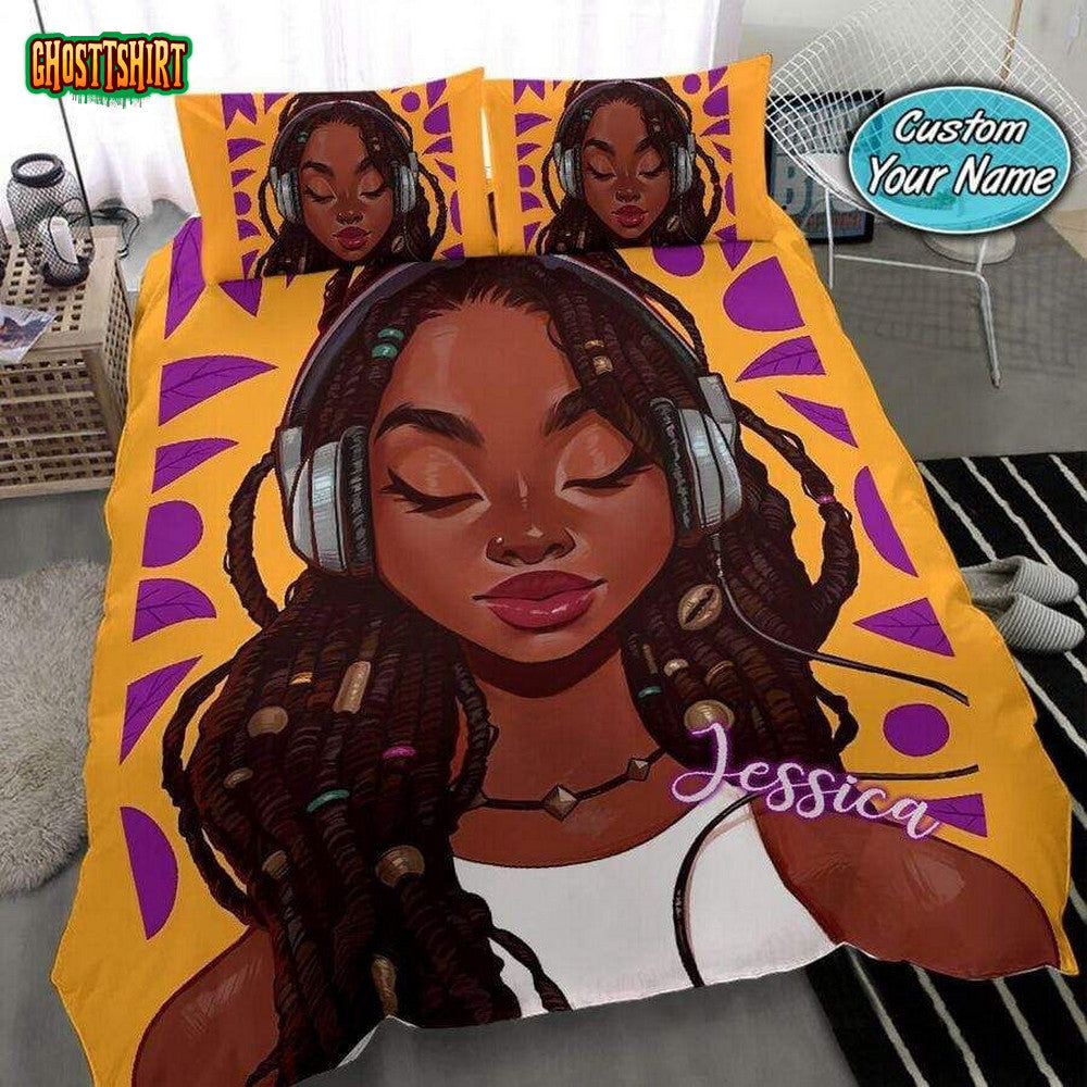 Black Girl With Headphone Custom Name Duvet Cover Bedding Set