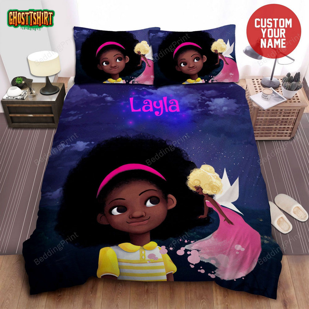 Black Little Girl And Black Fairy Black Girl Magic Custom Name Duvet Cover Bedding Set