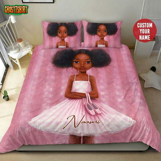 Black Little Girl Ballet Pink Custom Name Duvet Cover Bedding Set