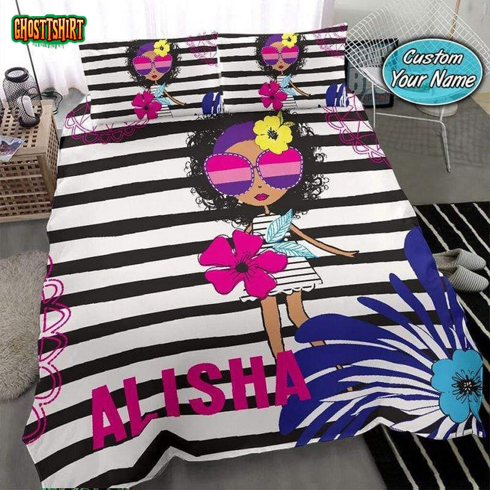 Black Little Girl Summer Bedding Personalized Custom Name Duvet Cover Bedding Set