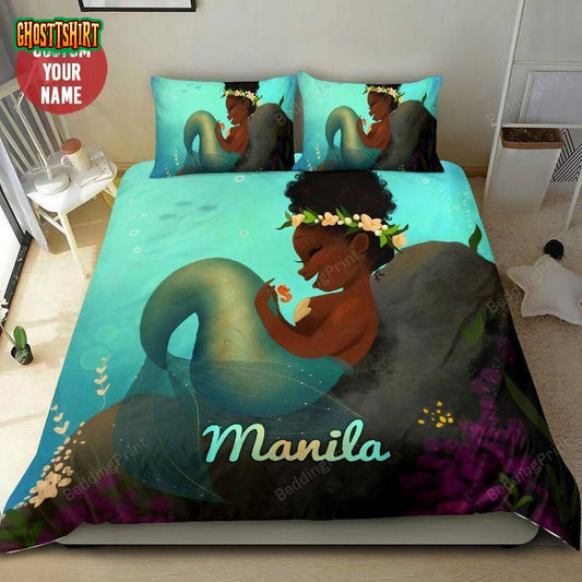 Black Mermaid So Cute With Seahorse Personalized Custom Name Duvet Cover Bedding Set