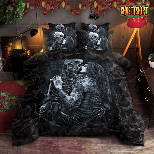 Black Skull And Rose Bed Sheets Duvet Cover Bedding Set