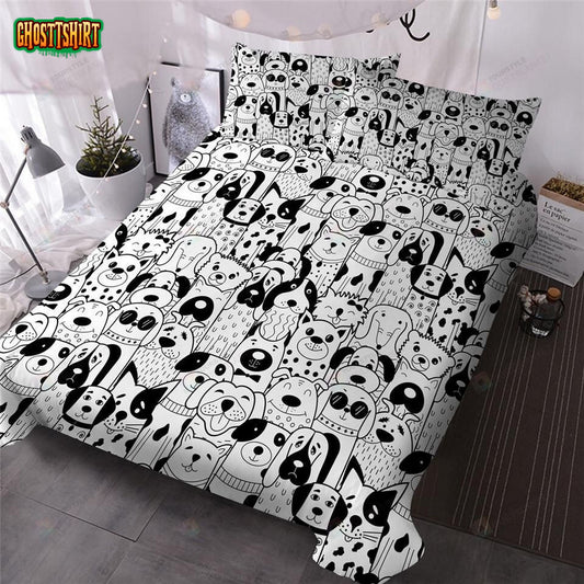 Black White Cartoon Dogs Cotton Bed Sheets Spread Comforter Duvet Cover Bedding Set