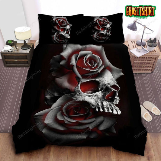 Black & White Skull & Roses Art Bed Sheets Duvet Cover Bedding Set
