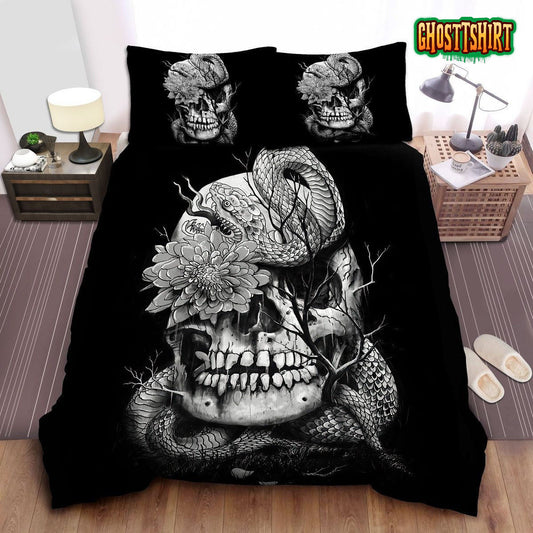 Black & White Skull Snake & Flower Drawing Bed Sheets Duvet Cover Bedding Set