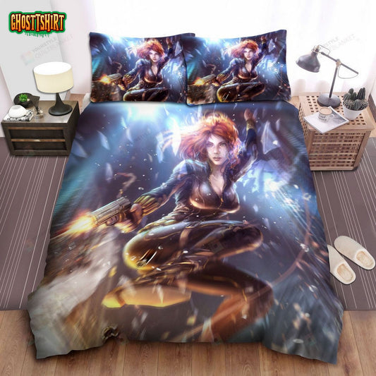 Black Widow, Drawing Of Her In Avenger Movie Bed Sheets Spread Comforter Duvet Cover Bedding Set
