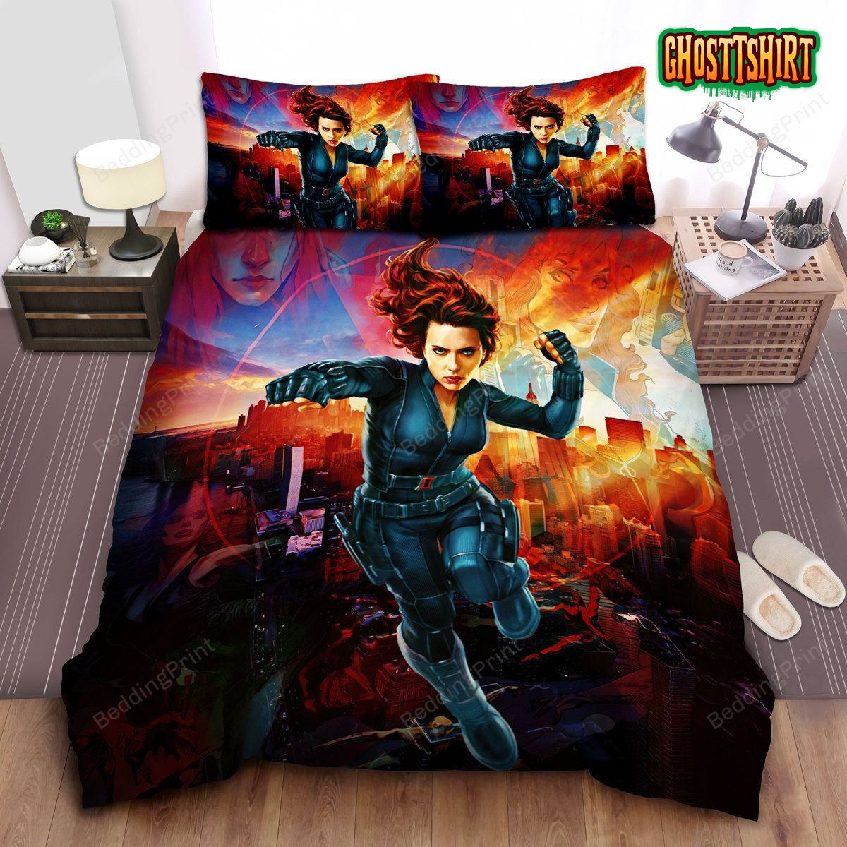 Black Widow, The City Behind Her Bed Sheets Duvet Cover Bedding Set