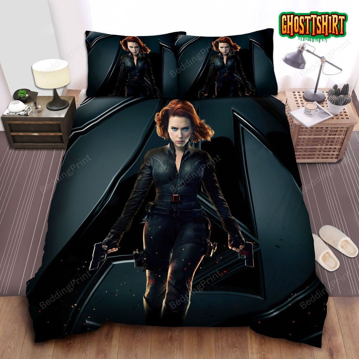 Black Widow, Two Pistols In Her Hands Bed Sheets Duvet Cover Bedding Set