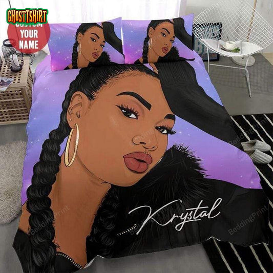 Black Woman Purple Custom Name Duvet Cover Bedding Set