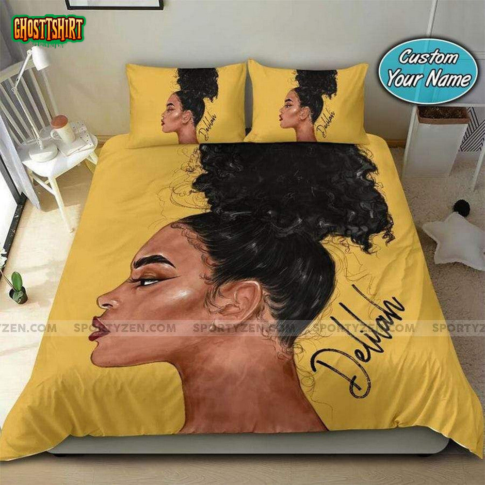 Black Woman With High Puff Personalized Custom Name Duvet Cover Bedding Set
