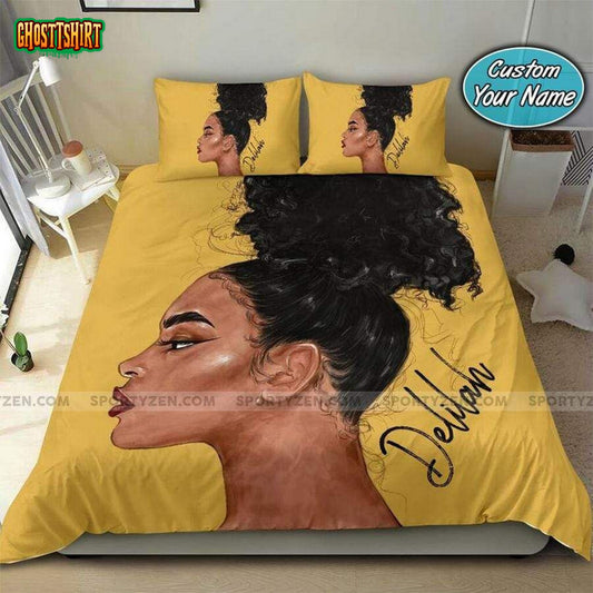 Black Woman With High Puff Personalized Custom Name Duvet Cover Bedding Set