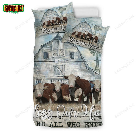 Bless Our Home And Who Enter Hereford Cow Bed Sheets Duvet Cover Bedding Set