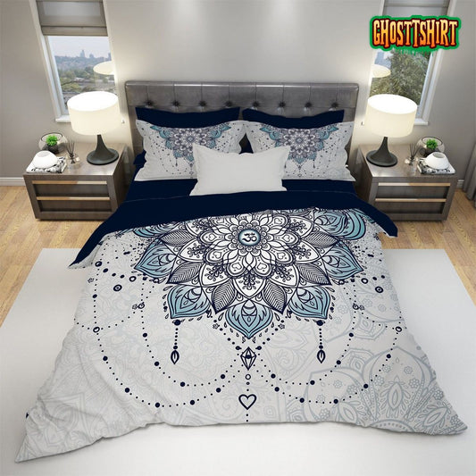 Blue And Gray Mandala Bed Sheets Spread Duvet Cover Bedding Set