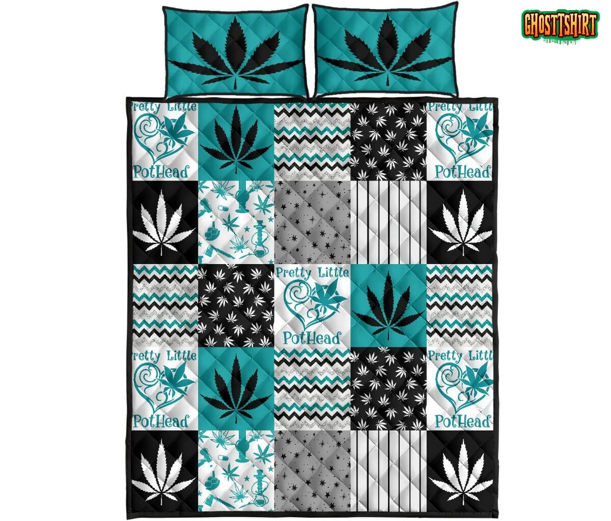 Blue And White Marijuana Weed Cannabis Bedding Set