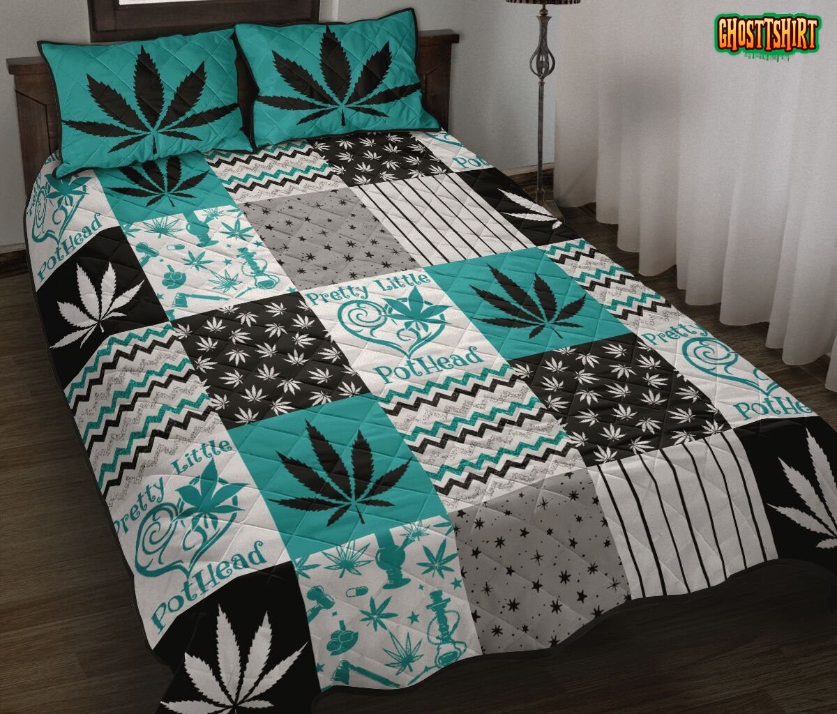 Blue And White Marijuana Weed Cannabis Bedding Set