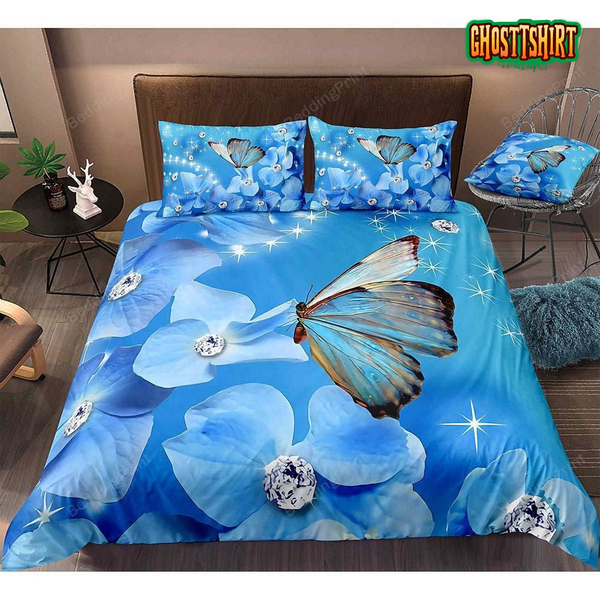 Blue Butterfly And Flower Bedding Set