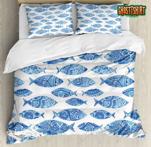Blue Fish Patterns Bed Sheets Duvet Cover Bedding Set