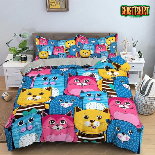 Blue, Pink and Yellow Cute Cats Kids Toddler Bedding Set