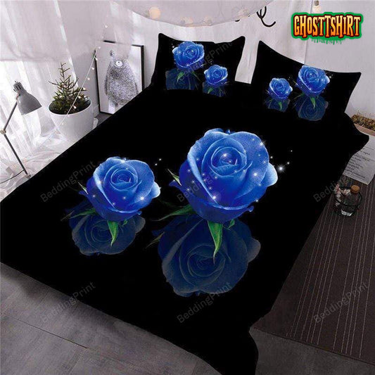 Blue Rose On Black Duvet Cover Bedding Set