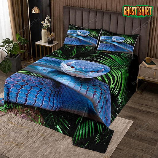 Blue Snake In Palm Leaf Bed Sheet Duvet Cover Bedding Set