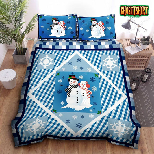 Blue Snowman Diamond Accent Patchwork Bedding Set