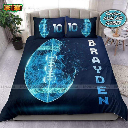 Blue Tech Light Football Ball Personalized Custom Name Duvet Cover Bedding Set