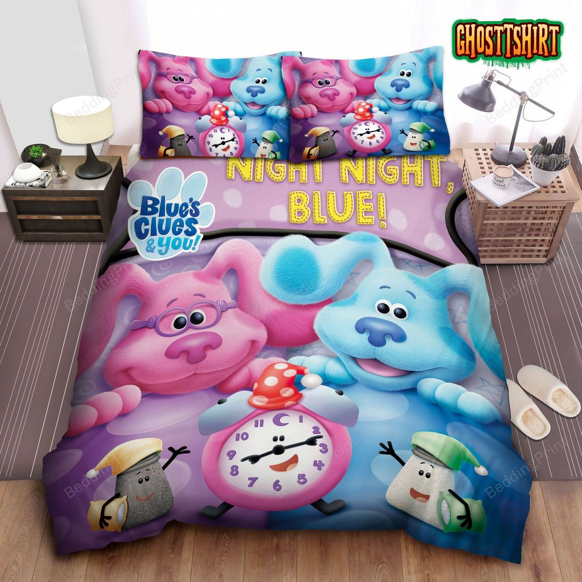 Blue's Clues Pink And Blue Dogs On Bed With 3 Clocks Bed Sheets Duvet Cover Bedding Set