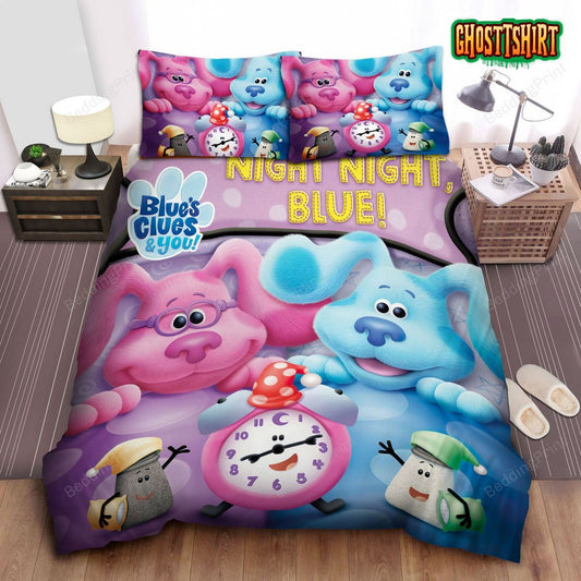 Blue's Clues Pink And Blue Dogs On Bed With 3 Clocks Bed Sheets Duvet Cover Bedding Set