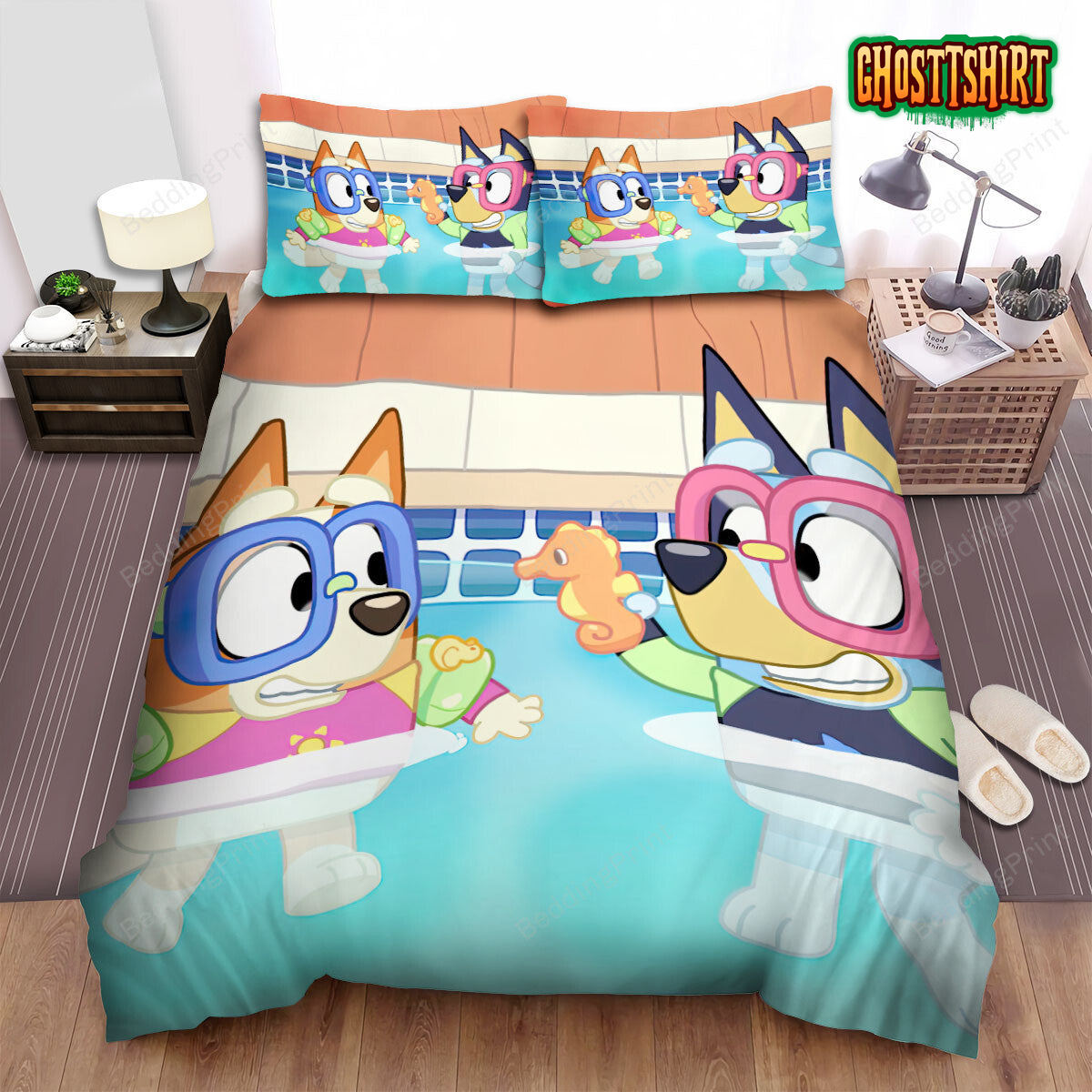 Bluey & Bingo In Swimming Pool Bed Sheets Spread Duvet Cover Bedding Set