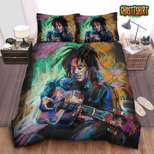 Bob Marley And His Guitar Wax Color Painting Bed Sheets Duvet Cover Bedding Set