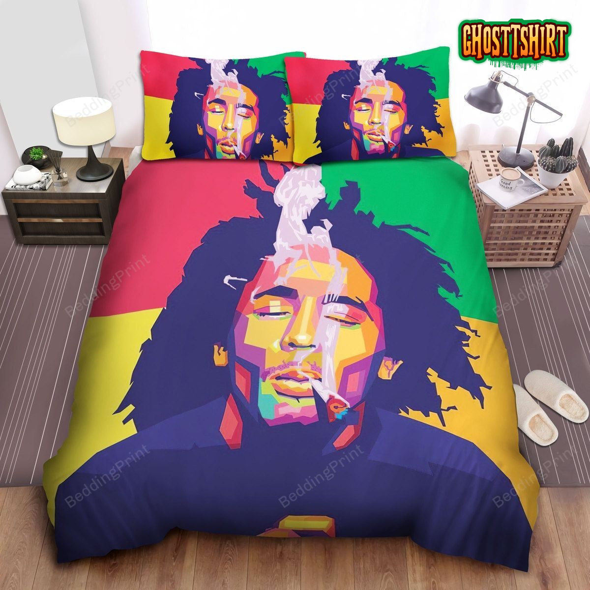 Bob Marley Smoking A Blunt Geometric Pop Art Portrait Bed Sheets Duvet Cover Bedding Set