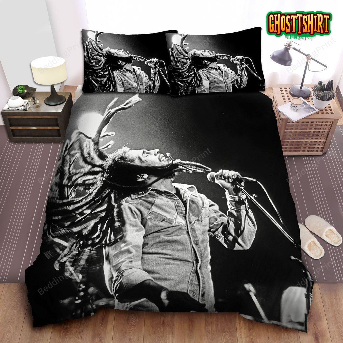 Bob Marley Stage Performing Black & White Image Bed Sheets Duvet Cover Bedding Set