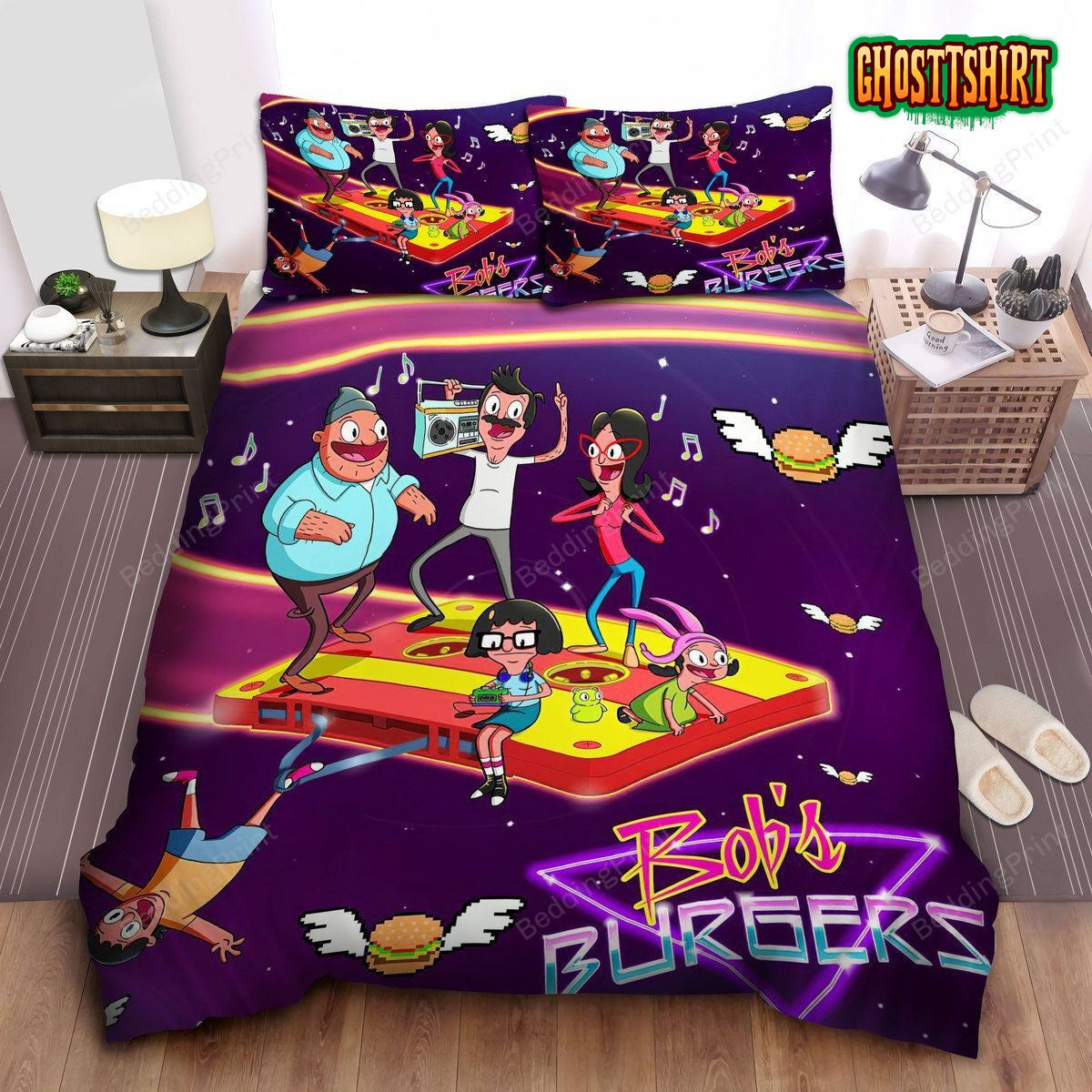 Bob's Burgers The Belcher Family Flying On Music Cassette Tape Bed Sheets Duvet Cover Bedding Set
